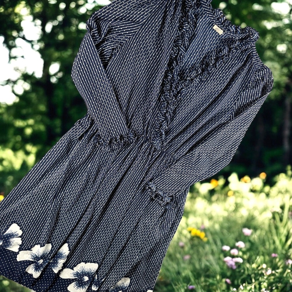 Vintage Union Label Dress‎ Women 12 MP Navy White Polka Dot Stripe Floral Border